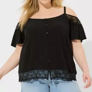 Gauze Cold Shoulder Lace Trim Blouse Top